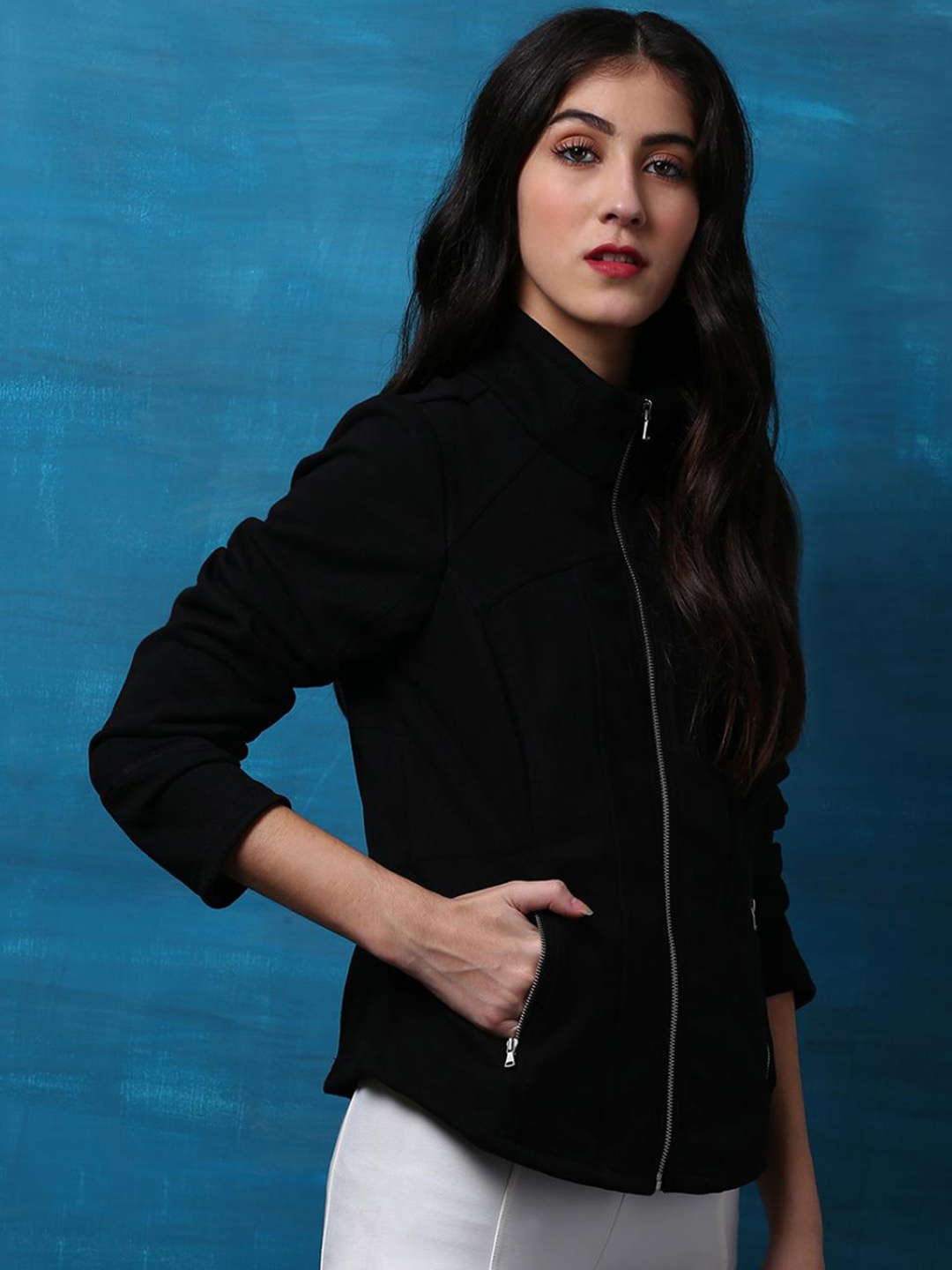 

Lakshita Women Black vampire black Striped Longline Outdoor Biker Jacket