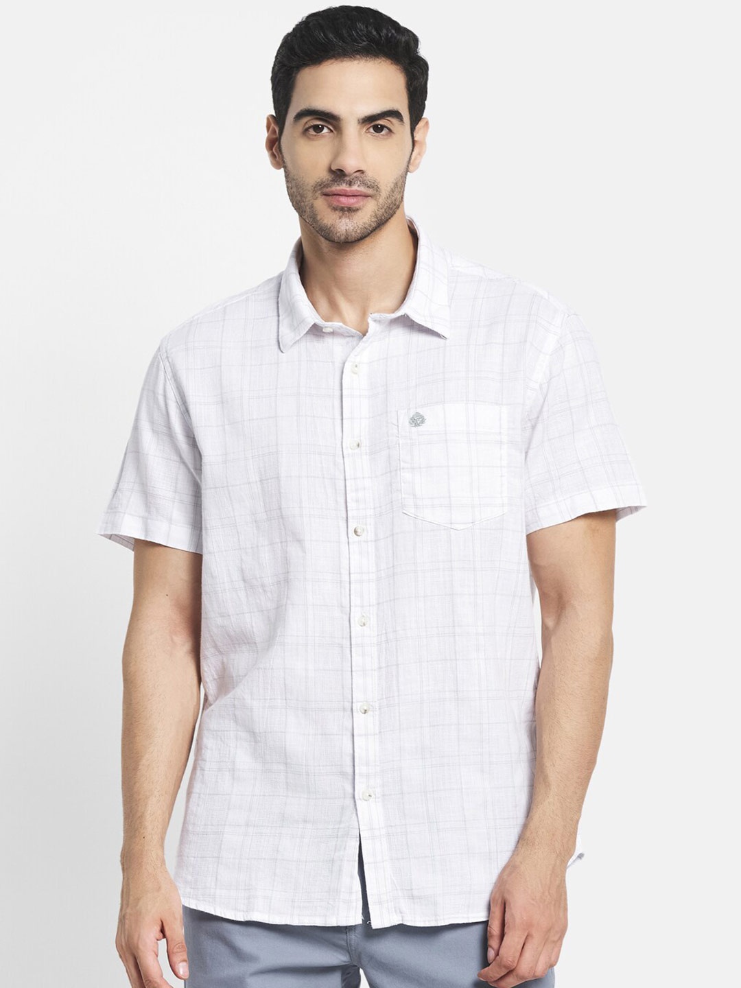 

METTLE Men White Windowpane Checks Checked Casual Shirt