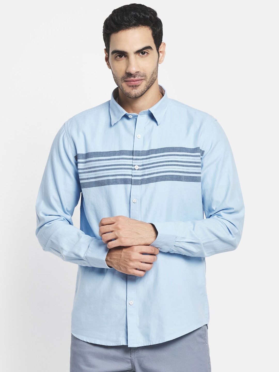 

METTLE Men Blue Horizontal Stripes Striped Casual Shirt