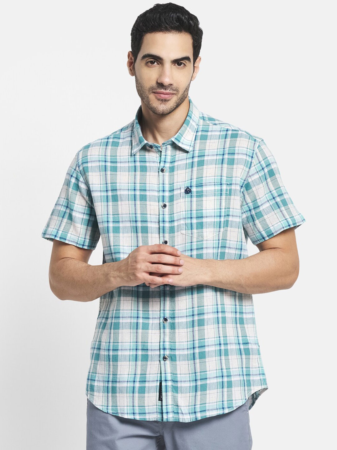 

METTLE Men Olive Green Tartan Checks Checked Casual Shirt