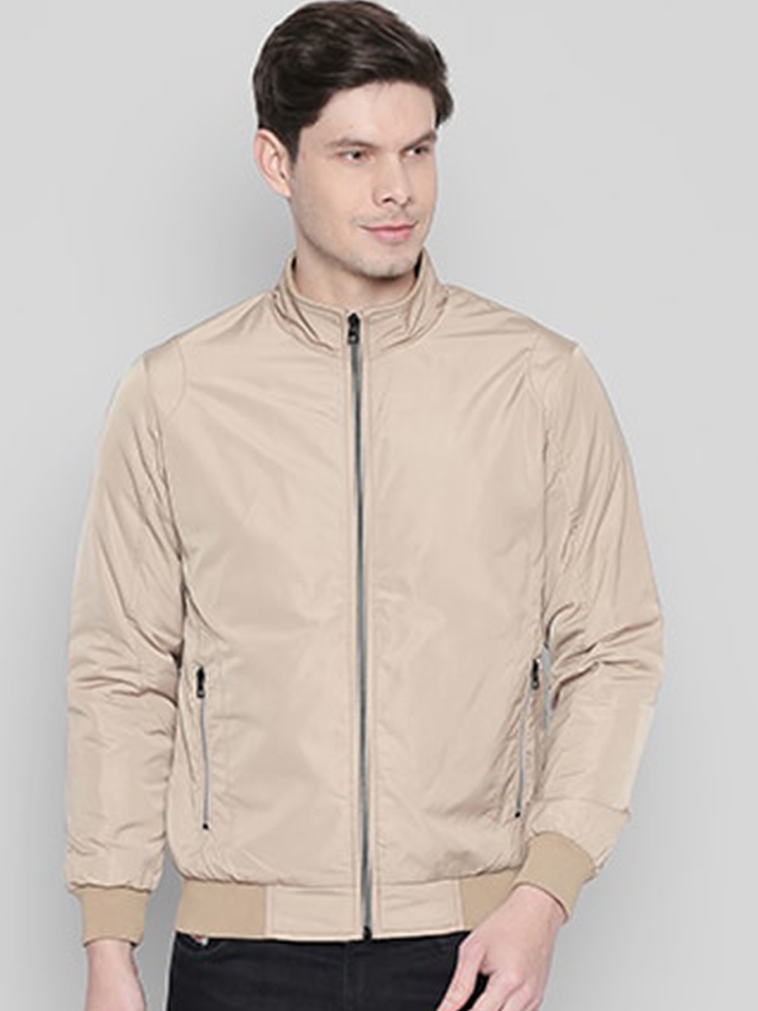 

Status Quo Men Beige Lightweight Crop Biker Jacket with Embroidered