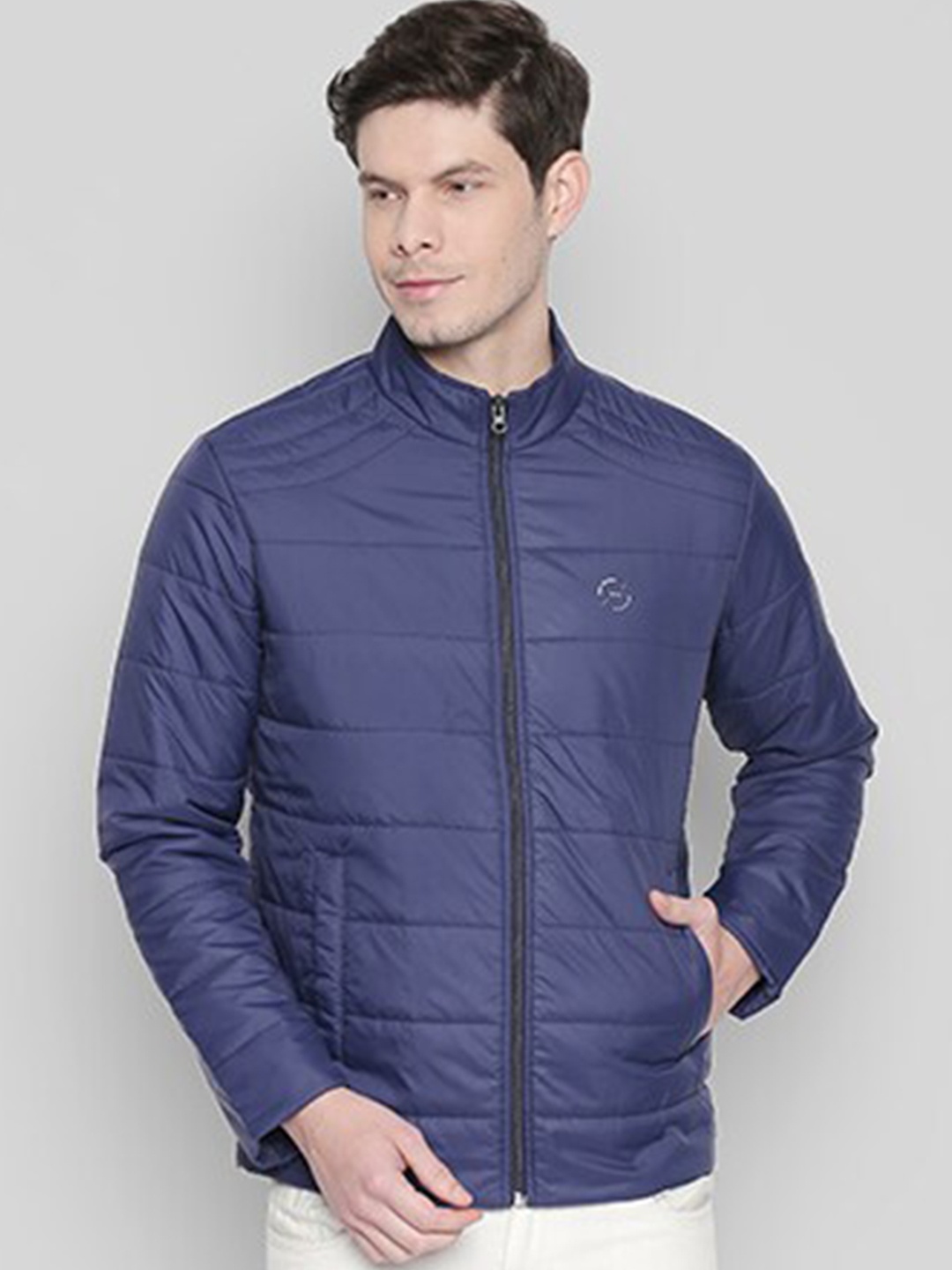 

Status Quo Men Navy Blue marlin Geometric Striped Lightweight Longline Padded Jacket