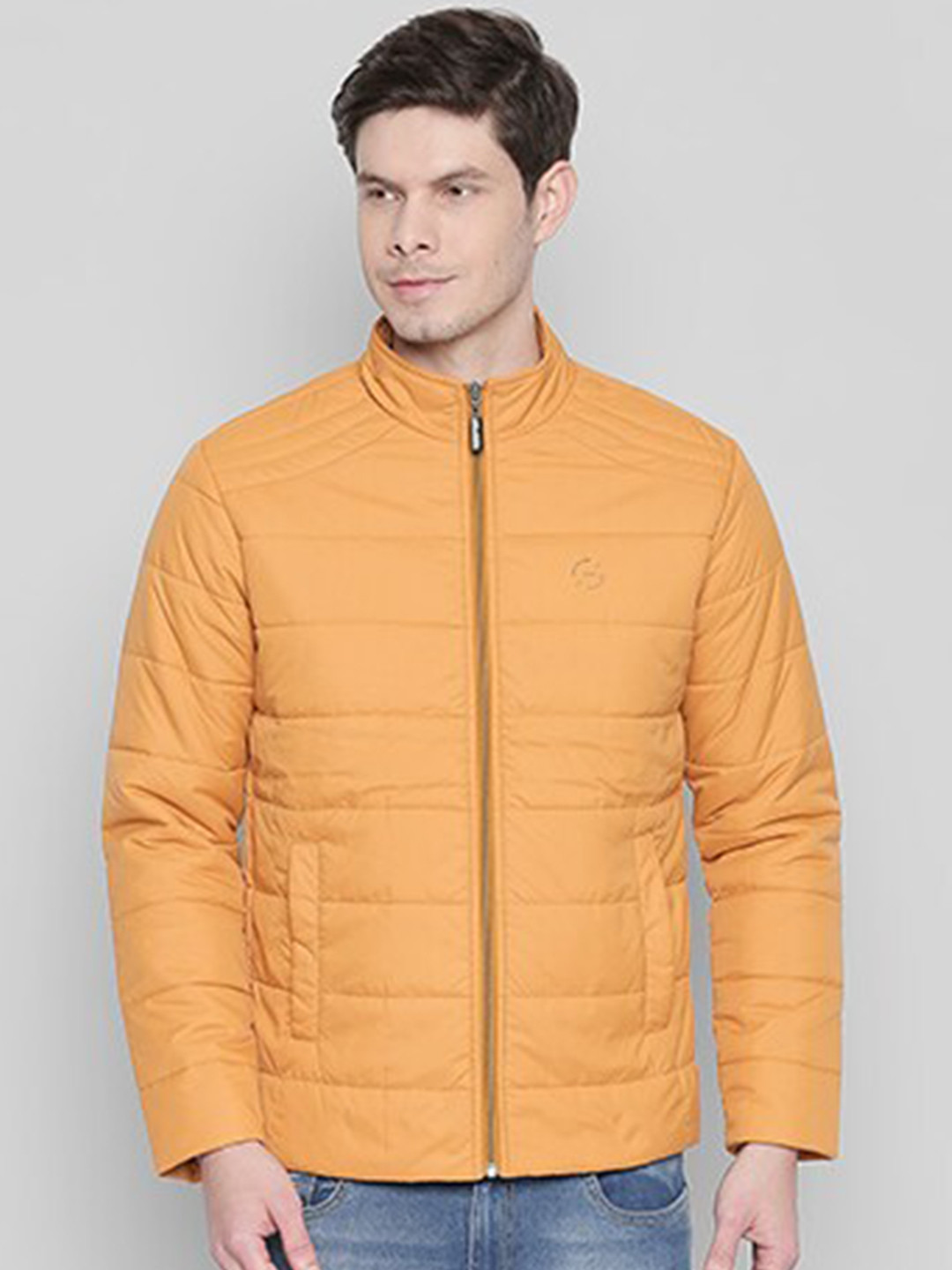 

Status Quo Men Mustard solar power Geometric Striped Lightweight Longline Padded Jacket