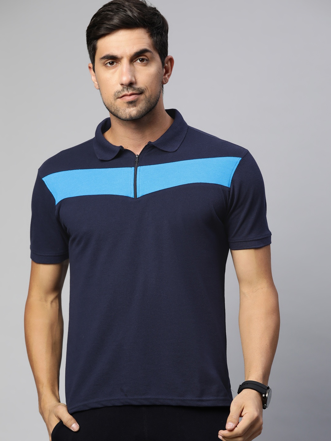 

M7 by Metronaut Men Navy Blue Striped Polo Collar T-shirt