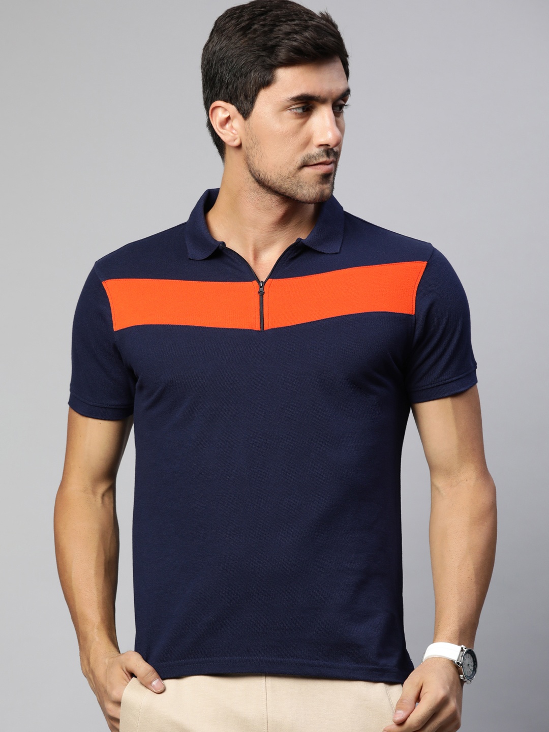 

M7 by Metronaut Men Navy Blue Striped Polo Collar T-shirt