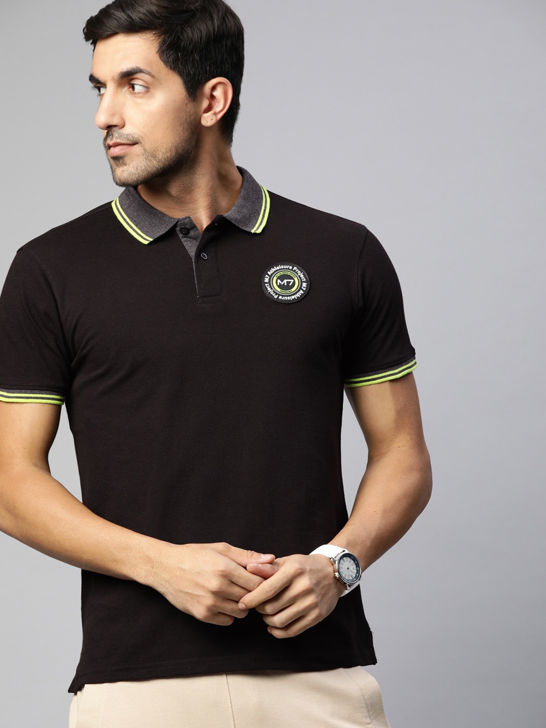 

M7 by Metronaut Men Black Polo Collar Applique T-shirt