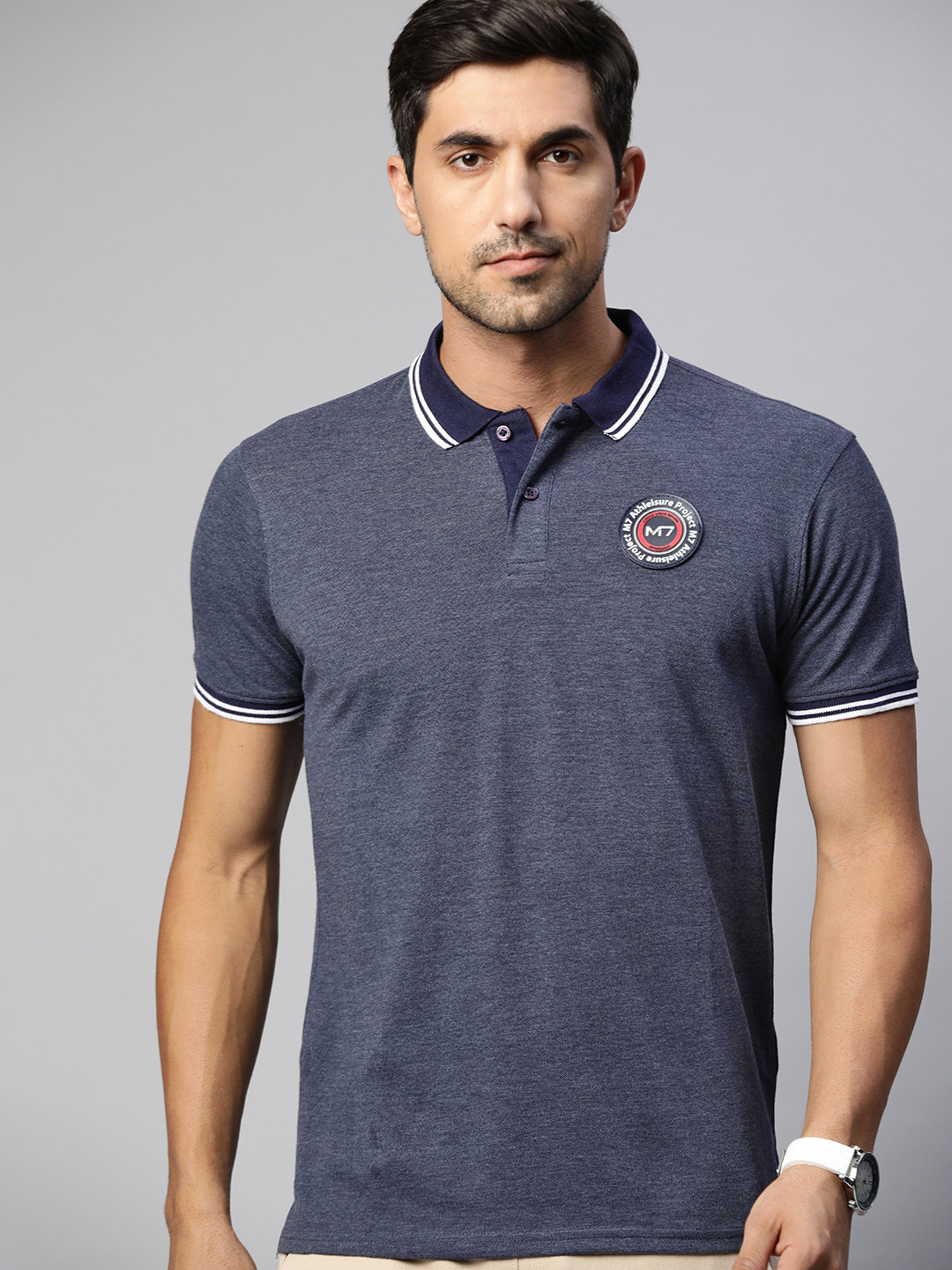 

M7 by Metronaut Men Navy Blue Polo Collar Applique T-shirt