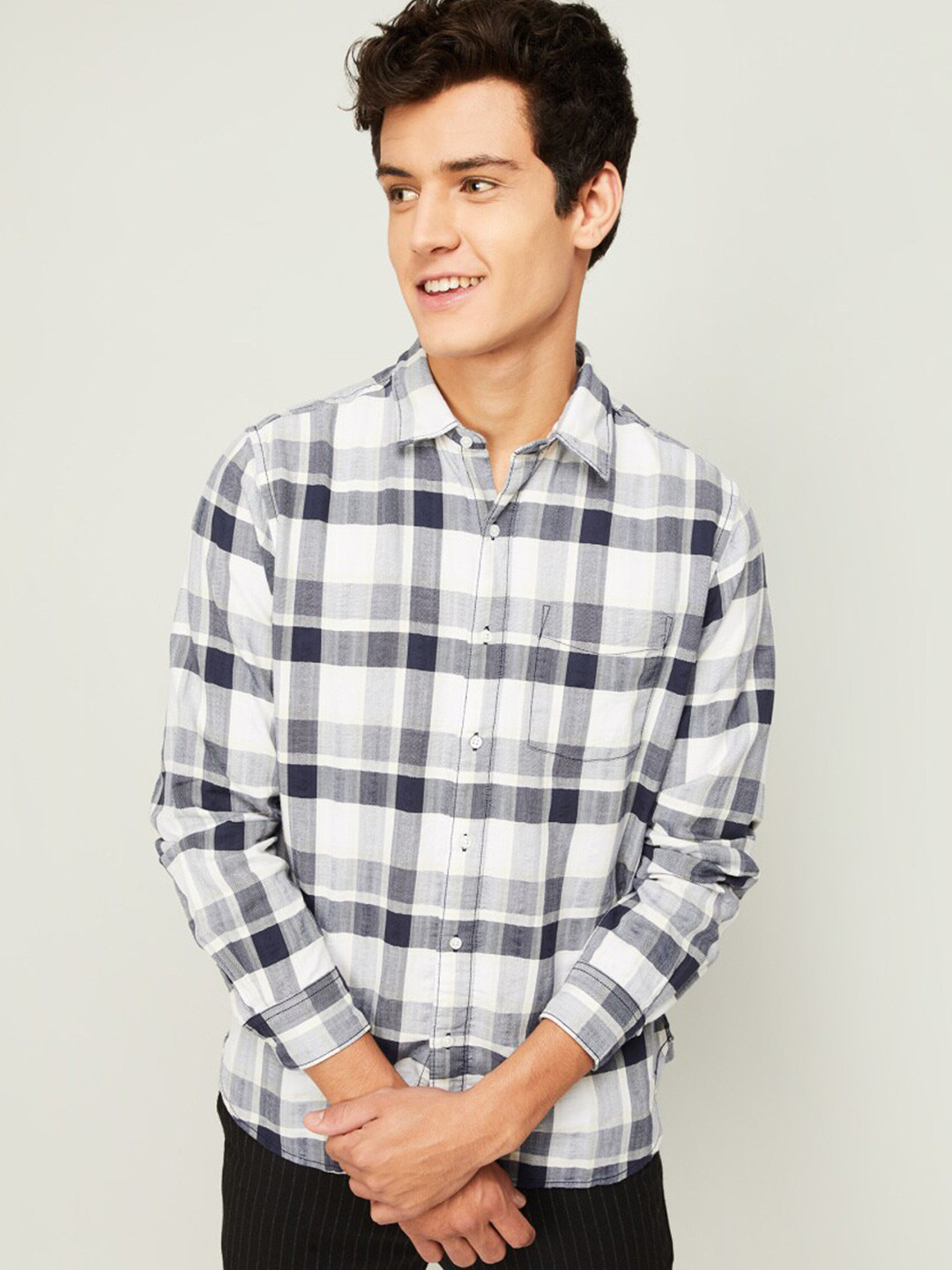 

Fame Forever by Lifestyle Men White Tartan Checks Checked Casual Shirt