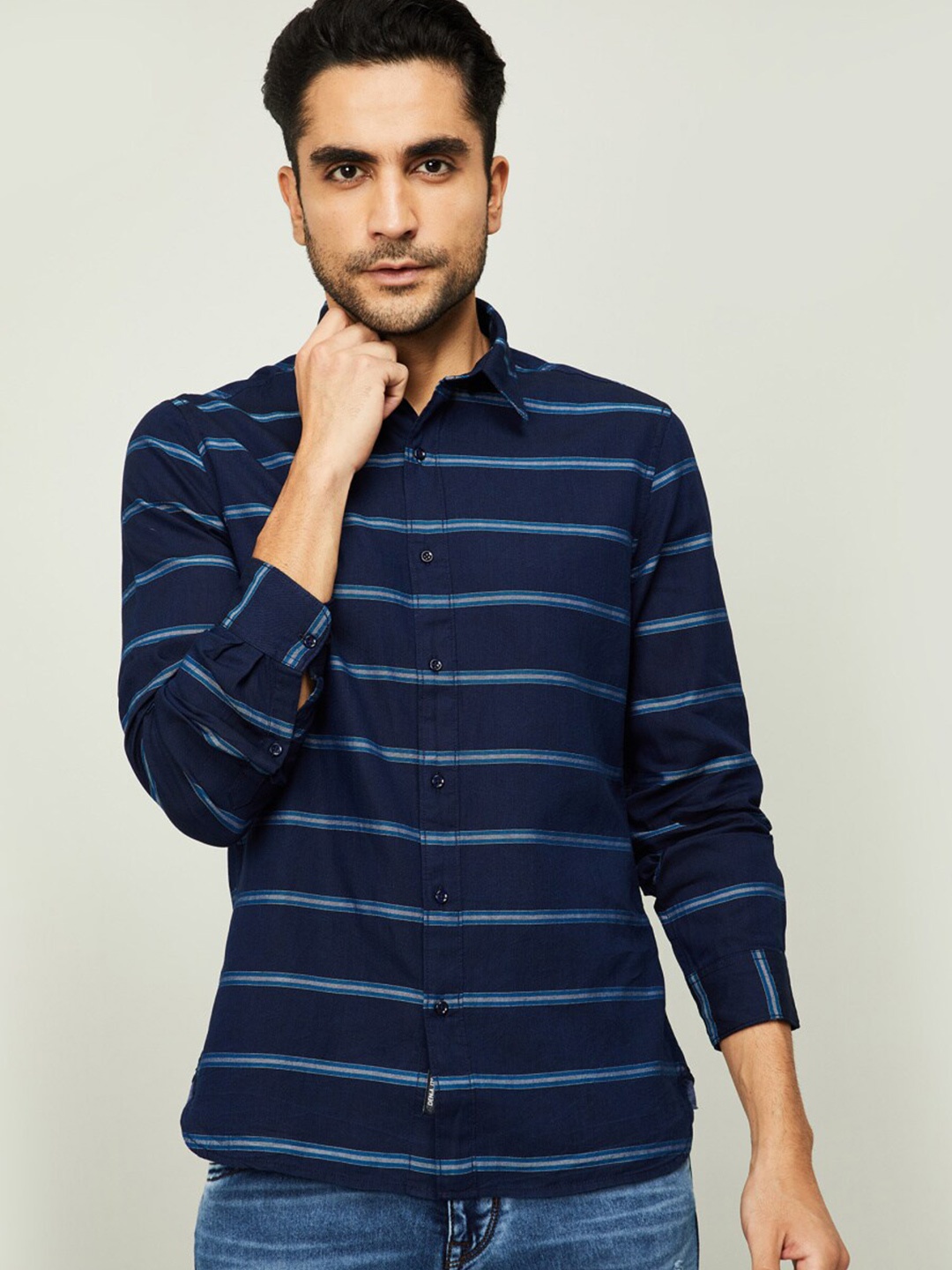 

Fame Forever by Lifestyle Men Blue Horizontal Stripes Striped Casual Shirt