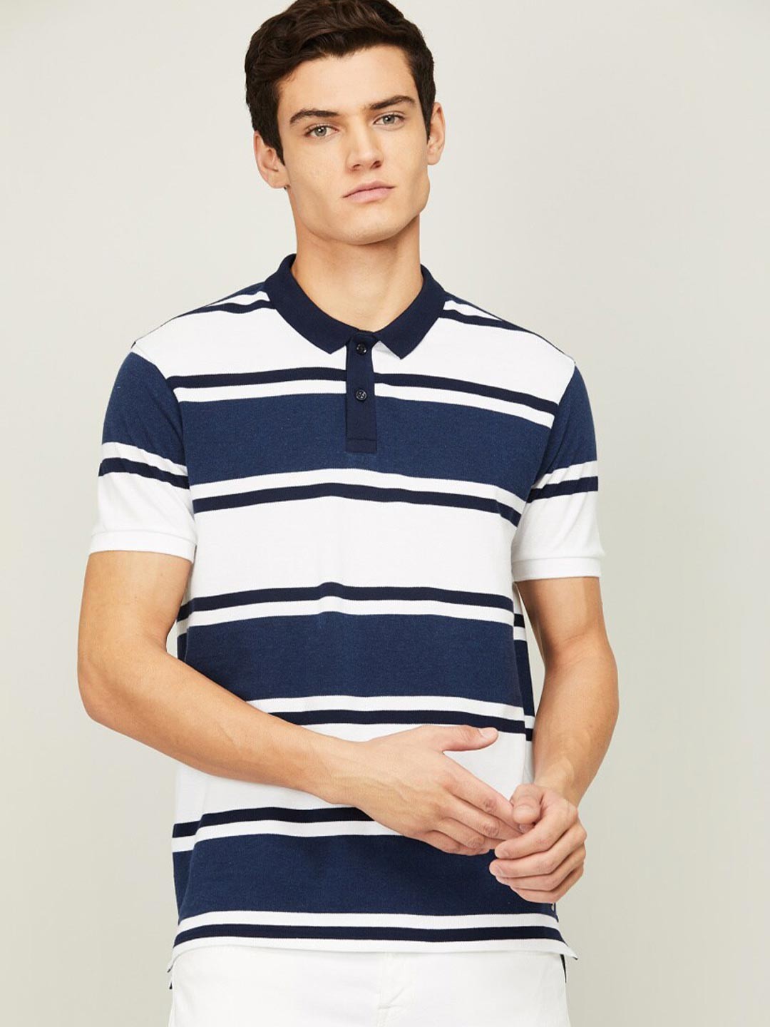 

Fame Forever by Lifestyle Men Blue Striped Polo Collar T-shirt