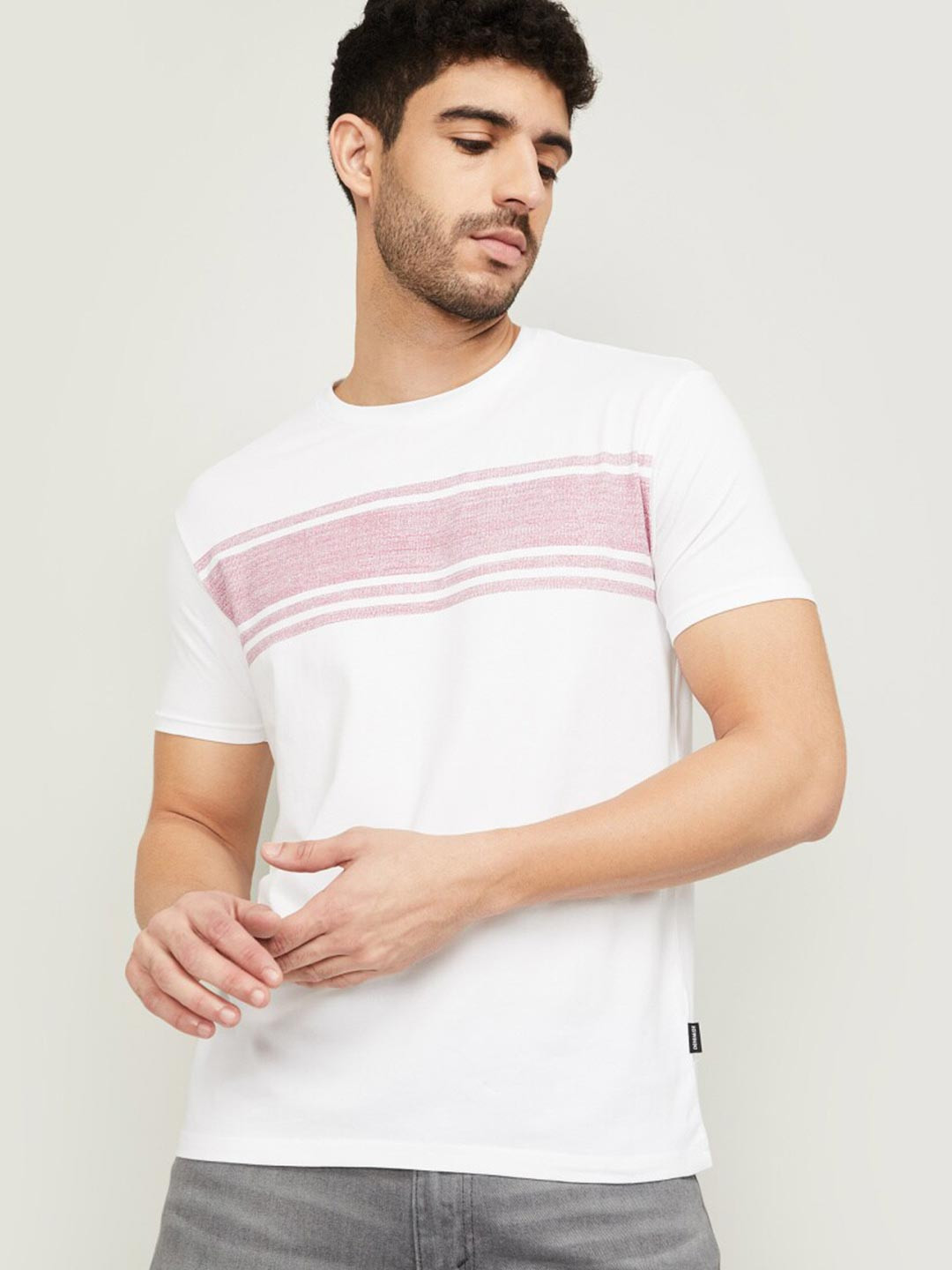

Fame Forever by Lifestyle Men White Striped Mandarin Collar T-shirt