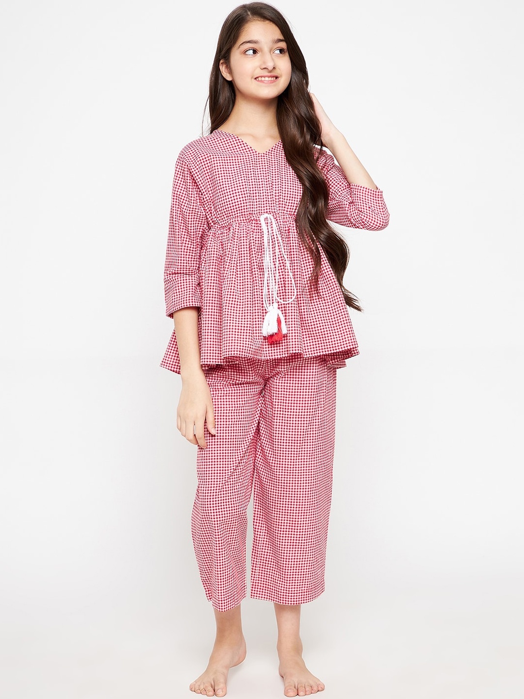 

The Kaftan Company Girls Red & White Printed Night suit