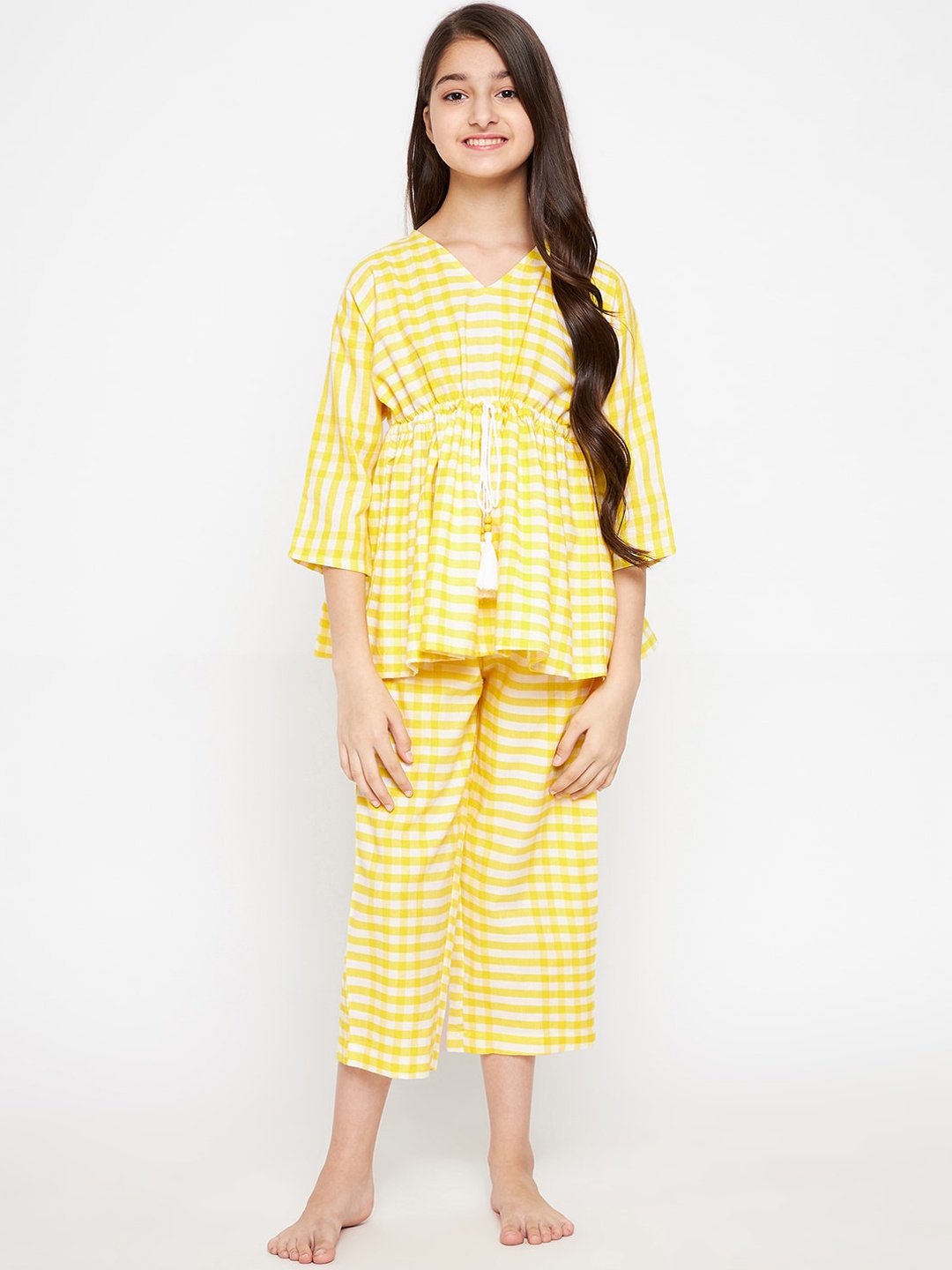 

The Kaftan Company Girls Yellow & White Checked Pure Cotton Night Suit