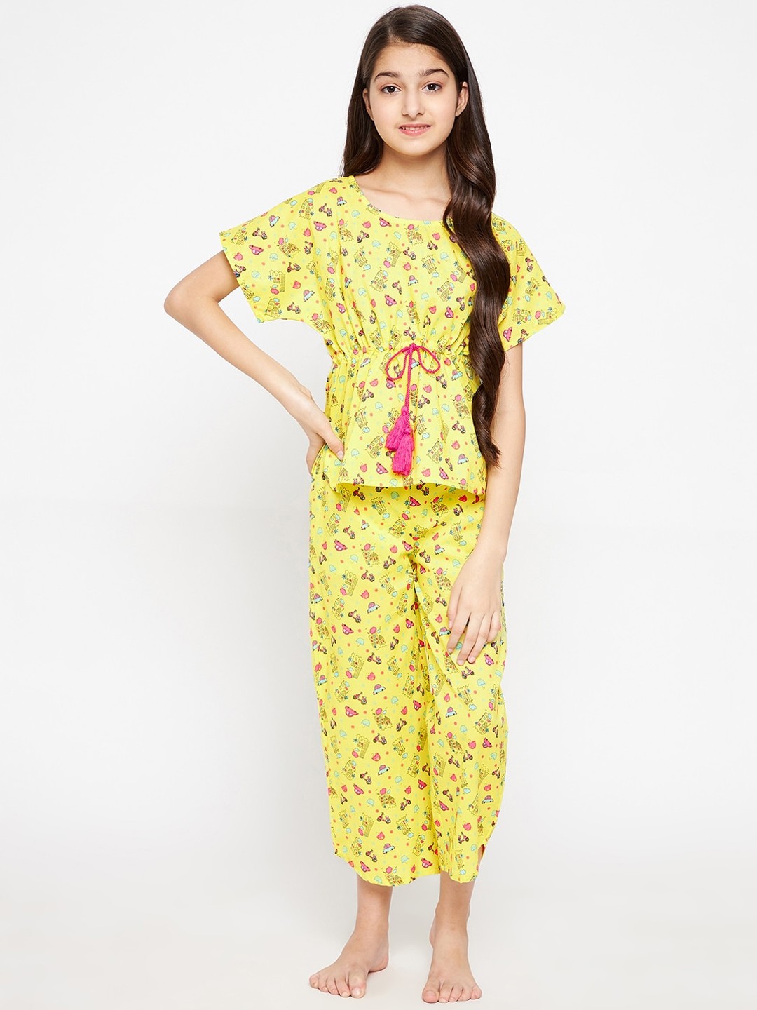 

The Kaftan Company Girls Yellow Printed Night suit