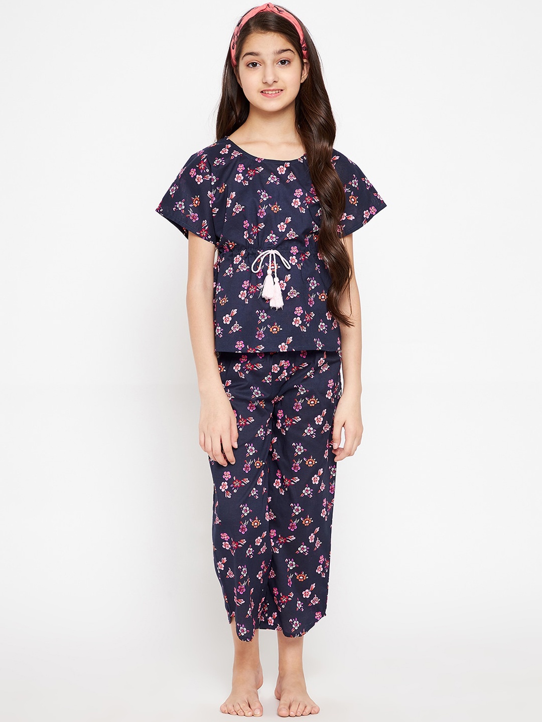 

The Kaftan Company Girls Navy Blue & Pink Floral Printed Pure Cotton Night Suit