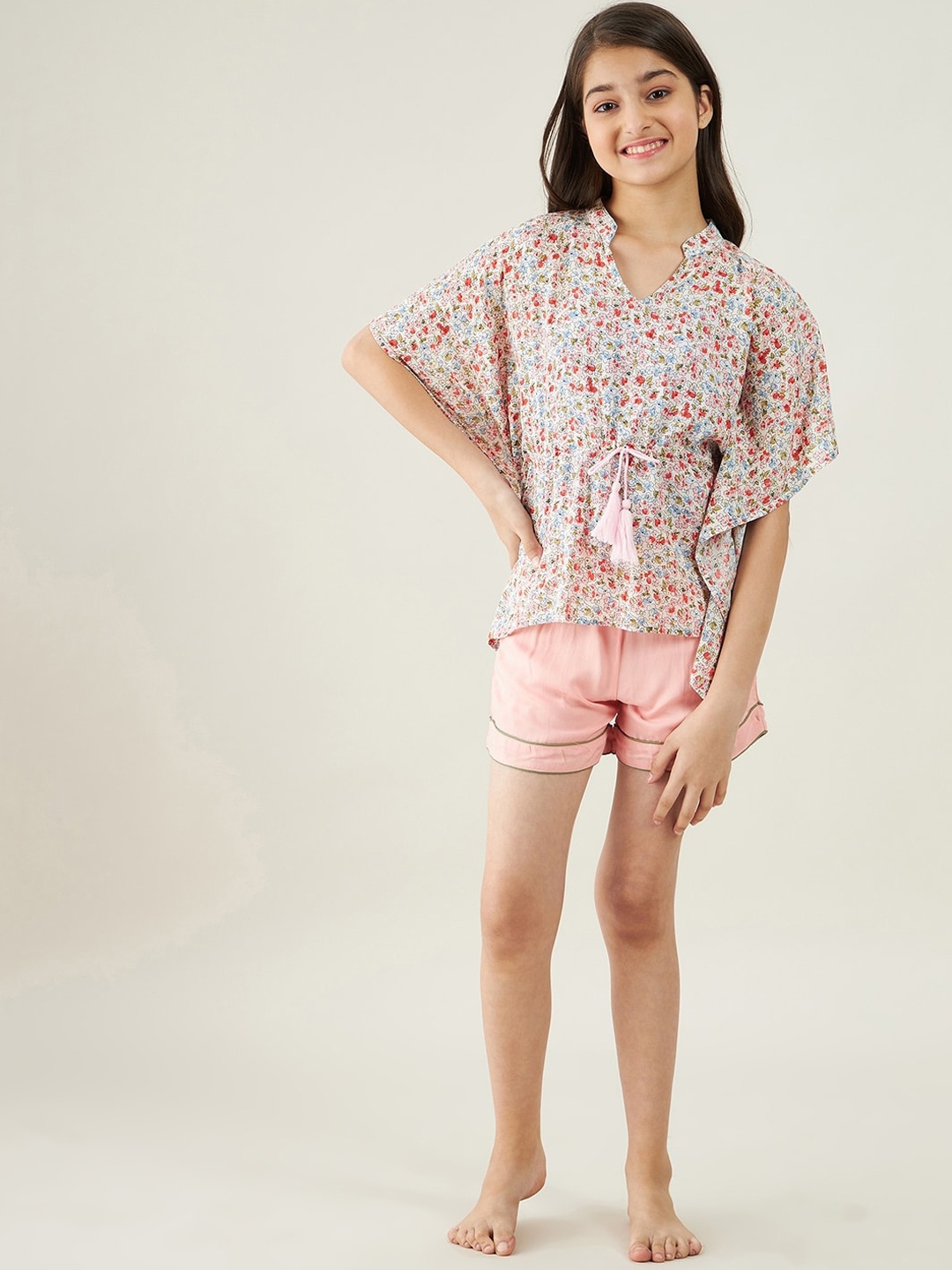 

The Kaftan Company Girls Off White & Pink Printed Night suit
