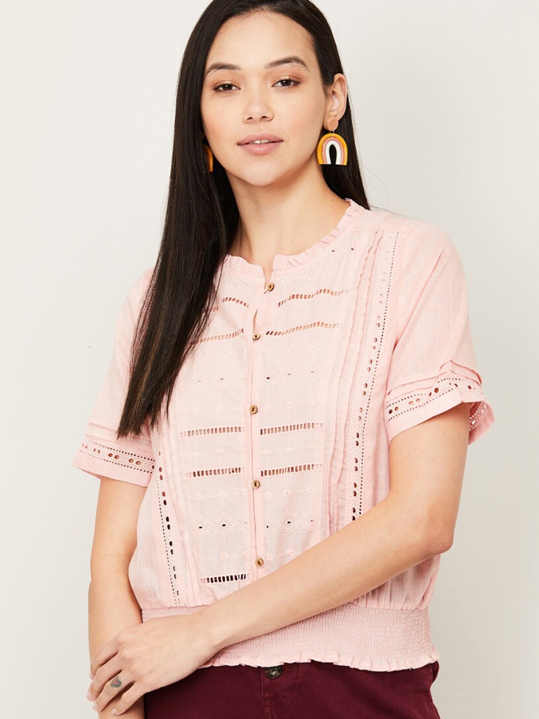 

Fame Forever by Lifestyle Pink Print Mandarin Collar Roll-Up Sleeves Shirt Style Top