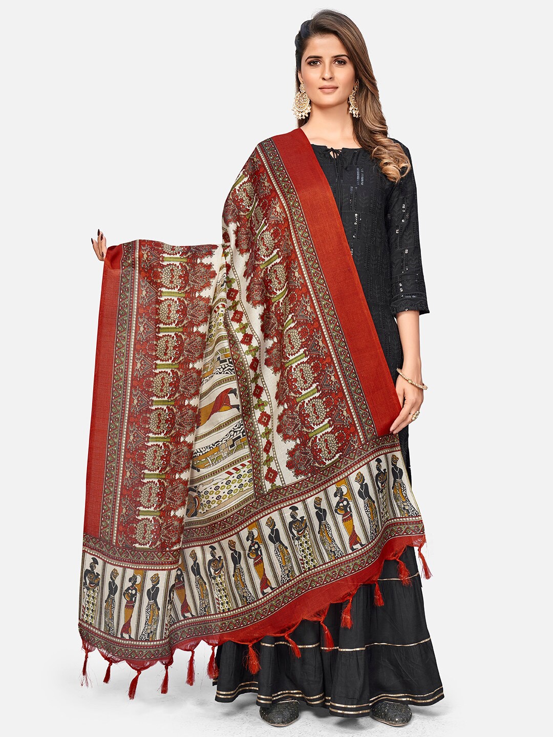 

Vbuyz Red & White Ethnic Motifs Printed Art Silk Dupatta