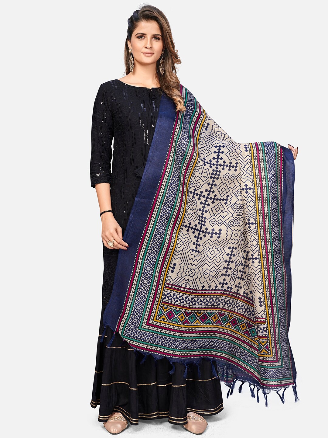 

Vbuyz Blue & White Woven Design Art Silk Dupatta