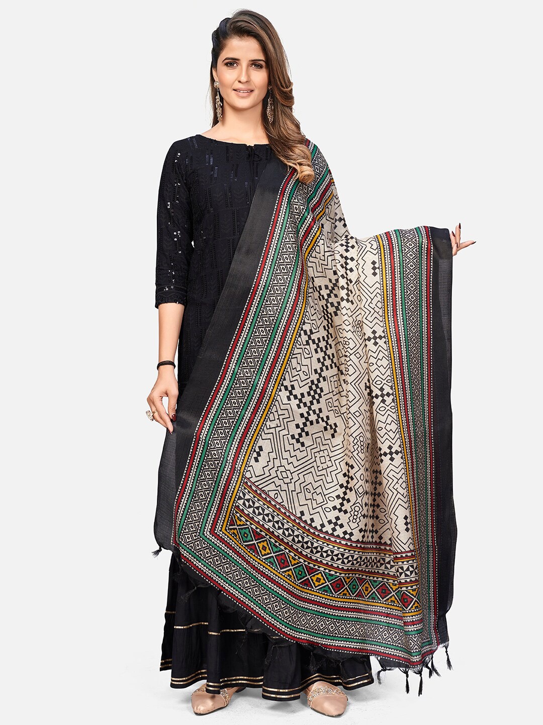 

Vbuyz Black & Cream-Coloured Woven Design Art Silk Dupatta