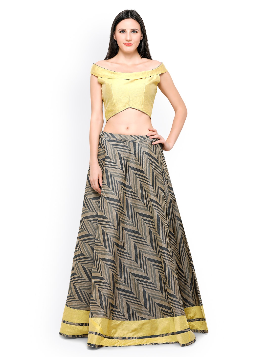 

Inddus Yellow & Grey Chanderi & Banarasi Cotton Semi-Stitched Lehenga Choli