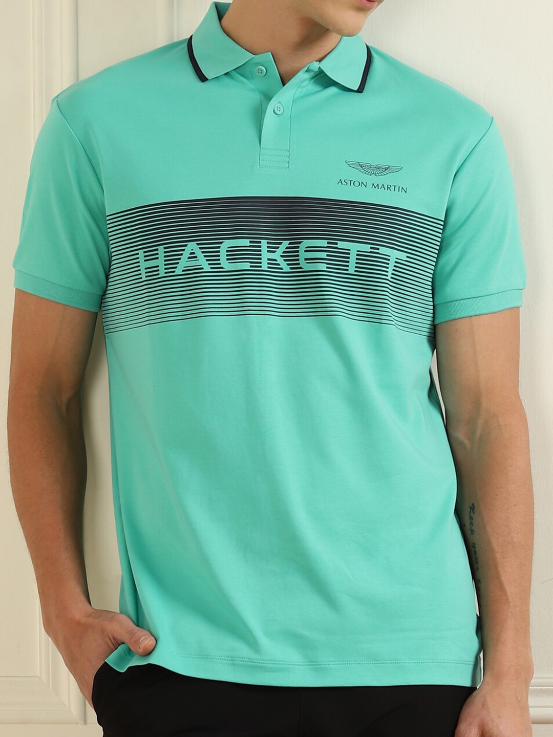 

HACKETT LONDON Men Blue Typography Polo Collar Applique T-shirt