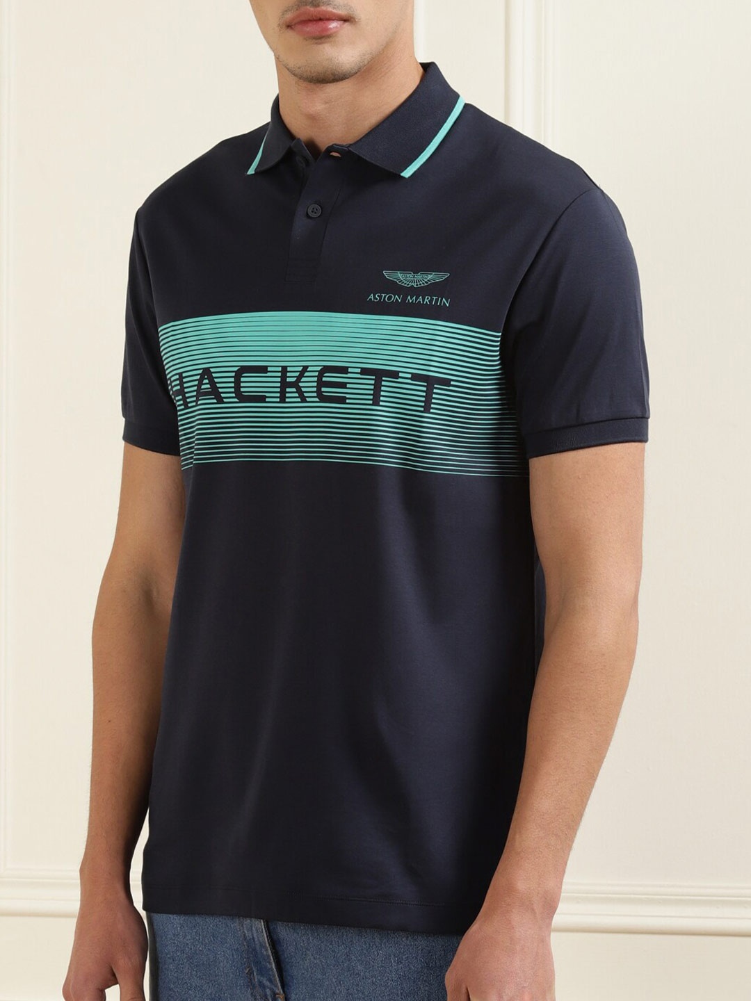 

HACKETT LONDON Men Navy Blue & brown Typography Polo Collar Applique T-shirt