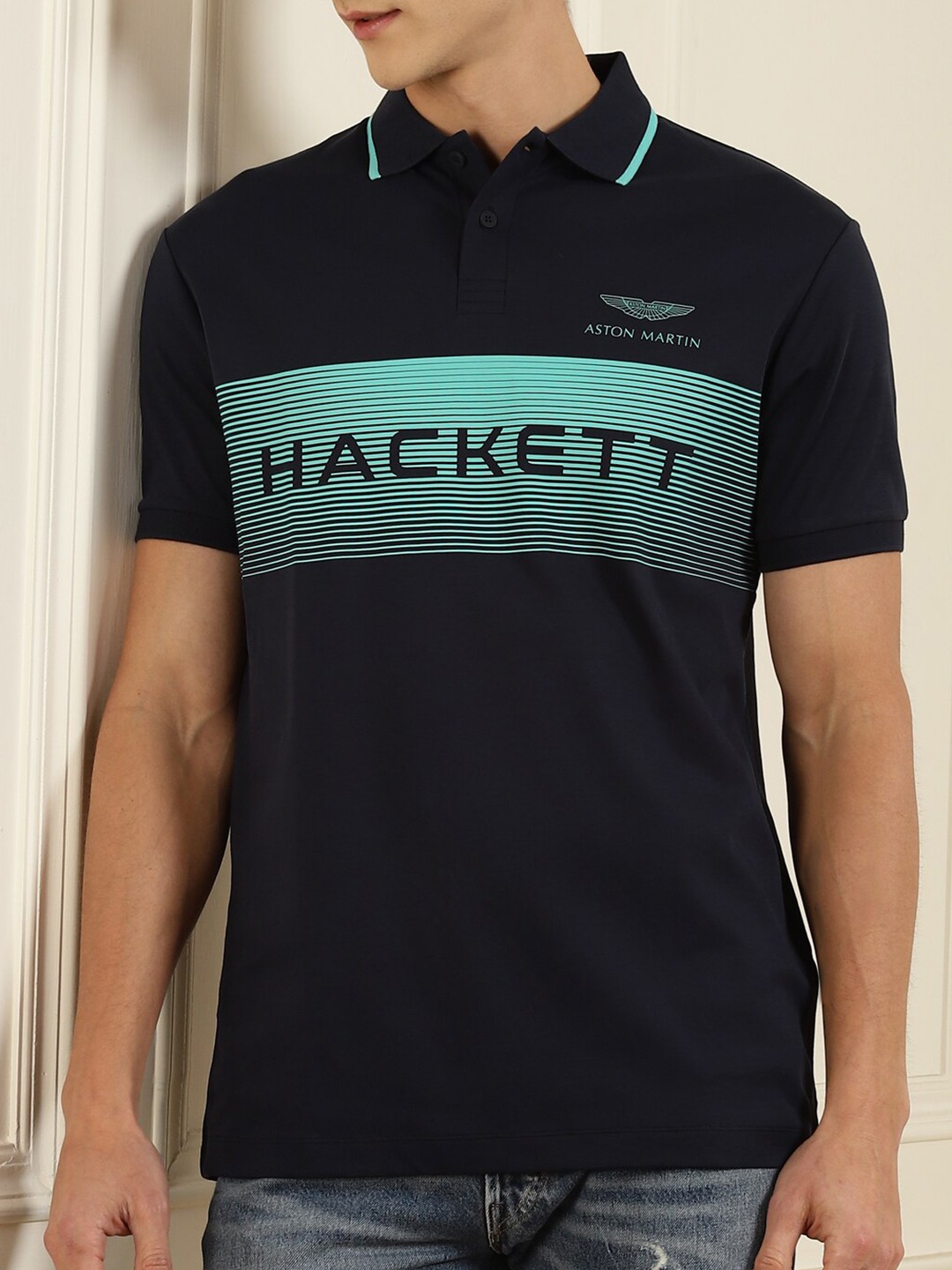 

HACKETT LONDON Men Navy Blue & french middle red purple Typography Polo Collar T-shirt