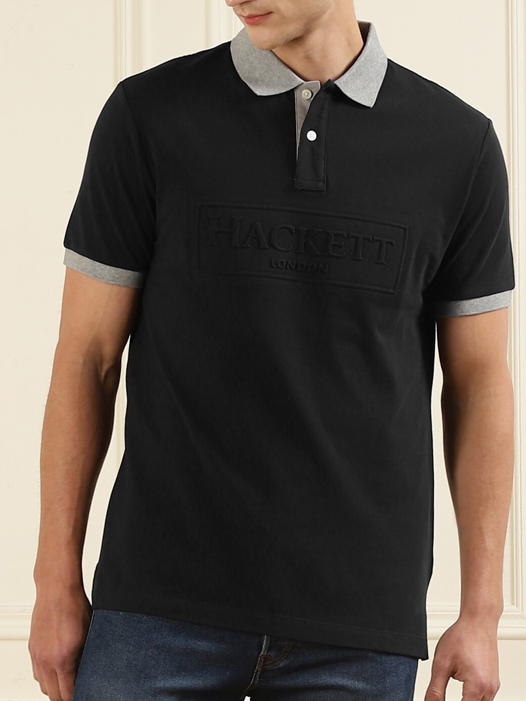 

HACKETT LONDON Men Black Polo Collar T-shirt