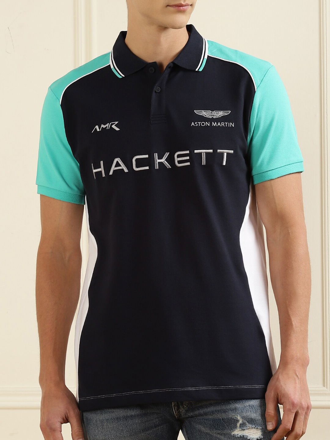 

HACKETT LONDON Men Navy Blue Typography Polo Collar T-shirt