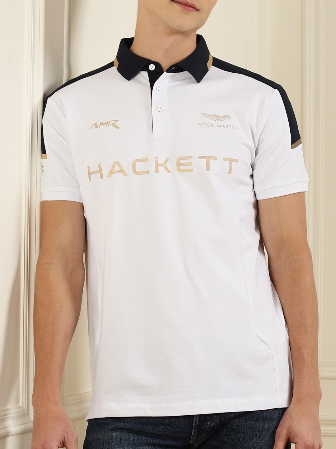 

HACKETT LONDON Men White Typography Mandarin Collar T-shirt