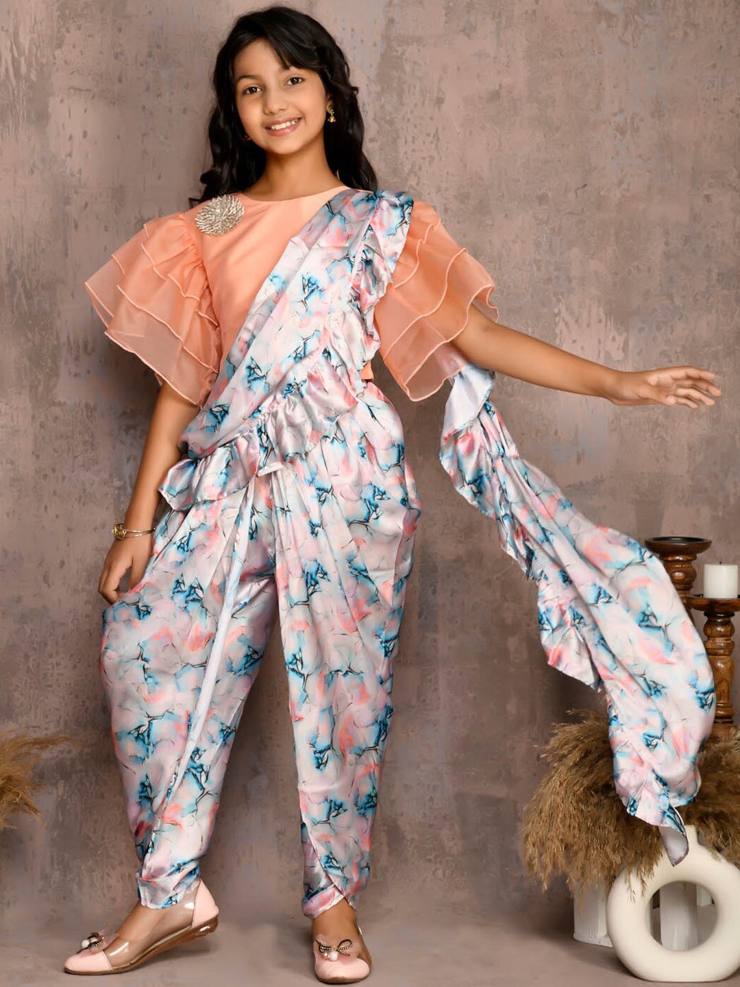 

LilPicks Girls Orange Angrakha Raw Silk Kurti with Trousers & With Dupatta