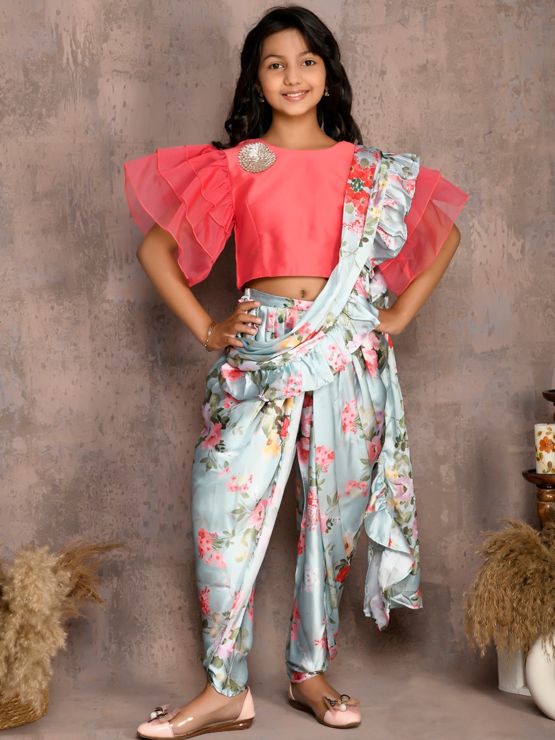 

LilPicks Girls Pink Pleated Raw Silk Kurti with Trousers & With Dupatta
