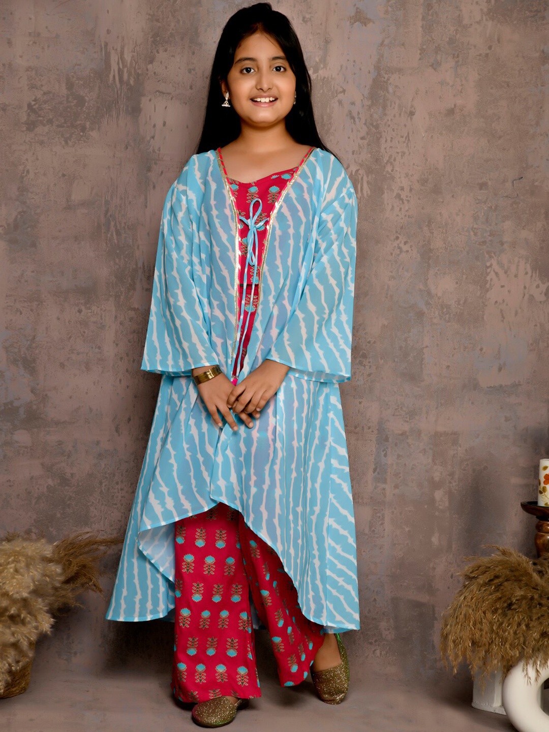 

LilPicks Girls Red Ethnic Motifs Embroidered Layered Kurti with Churidar & With Dupatta