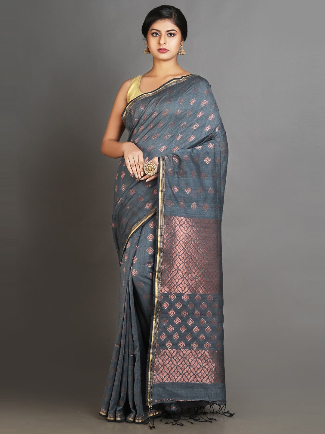 

Charukriti Grey & Copper-Toned Woven Design Zari Pure Linen Saree