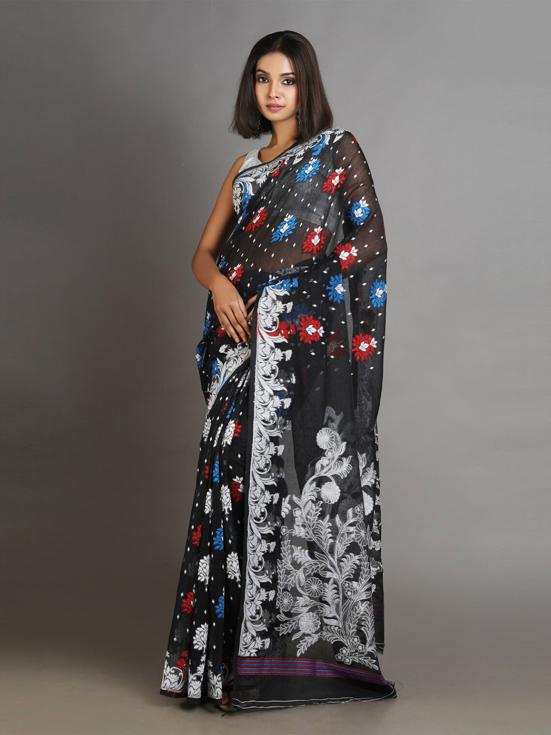 

Charukriti Black & Red Floral Embroidered Silk Cotton Jamdani Saree