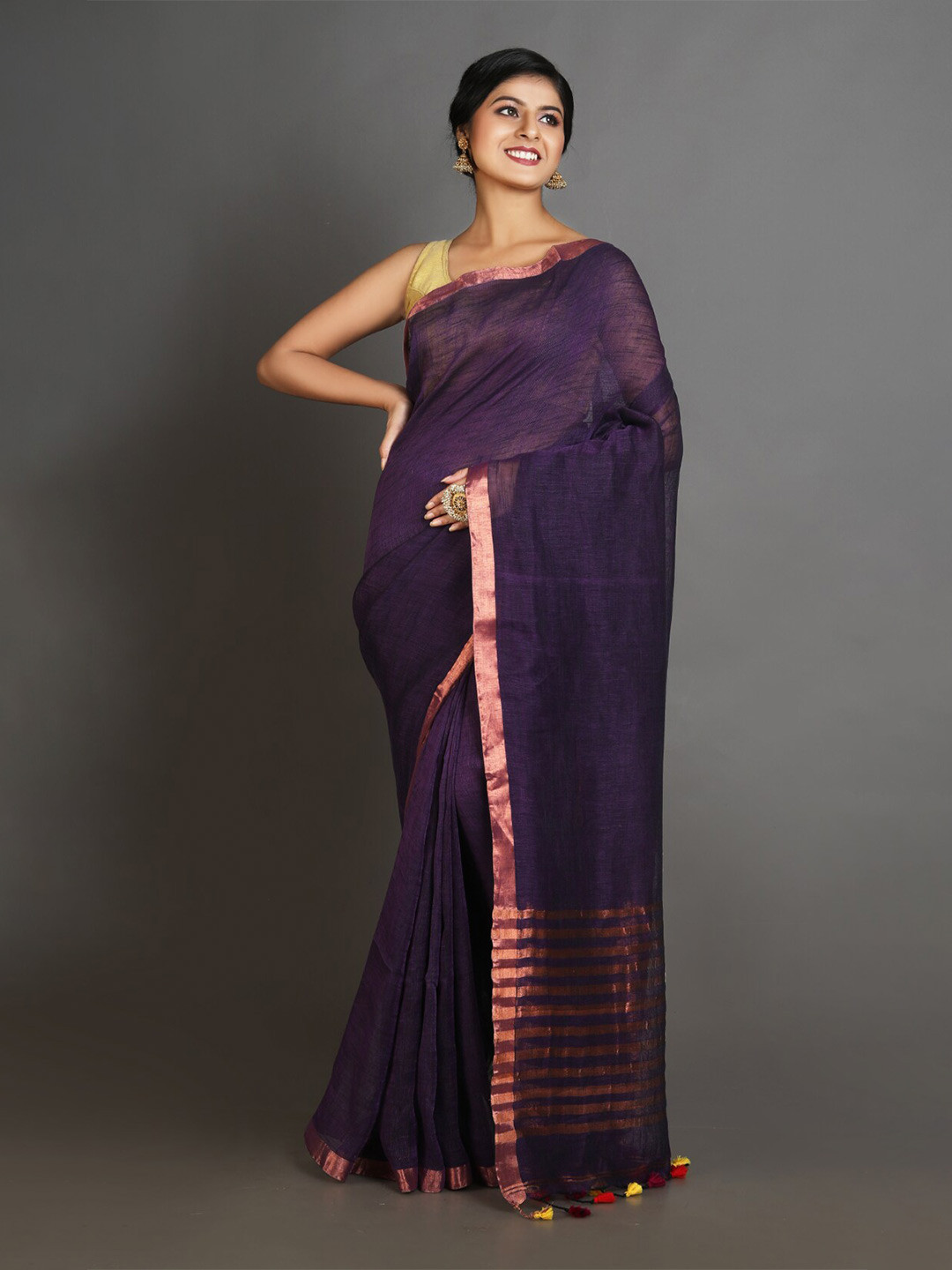 

Charukriti Purple & Copper-Toned Zari Pure Linen Saree