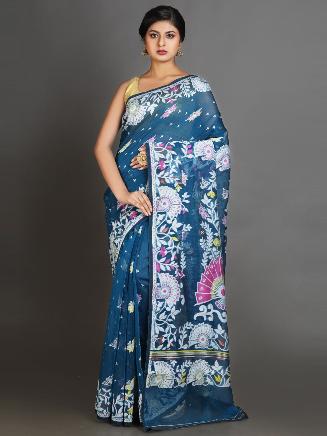 

Charukriti Blue & Pink Woven Design Silk Cotton Jamdani Saree