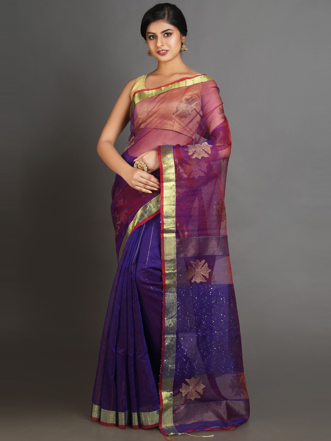 

Charukriti Blue & Pink Woven Design Zari Pure Silk Saree