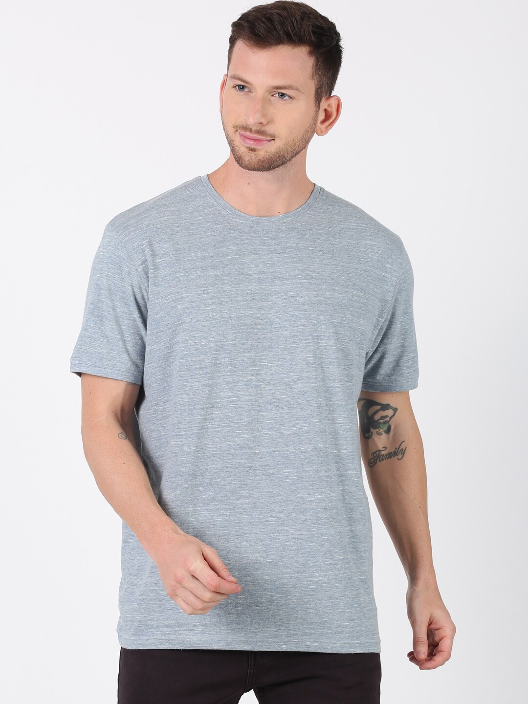 

UrGear Men Grey & chambray Drop-Shoulder Sleeves Raw Edge T-shirt