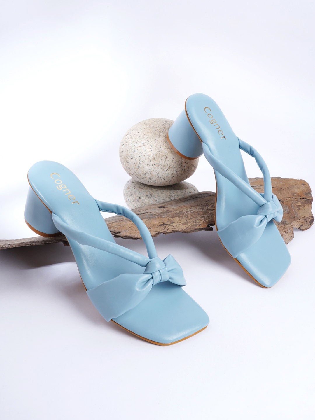 

Cogner Blue Printed Party Block Pumps with Bows