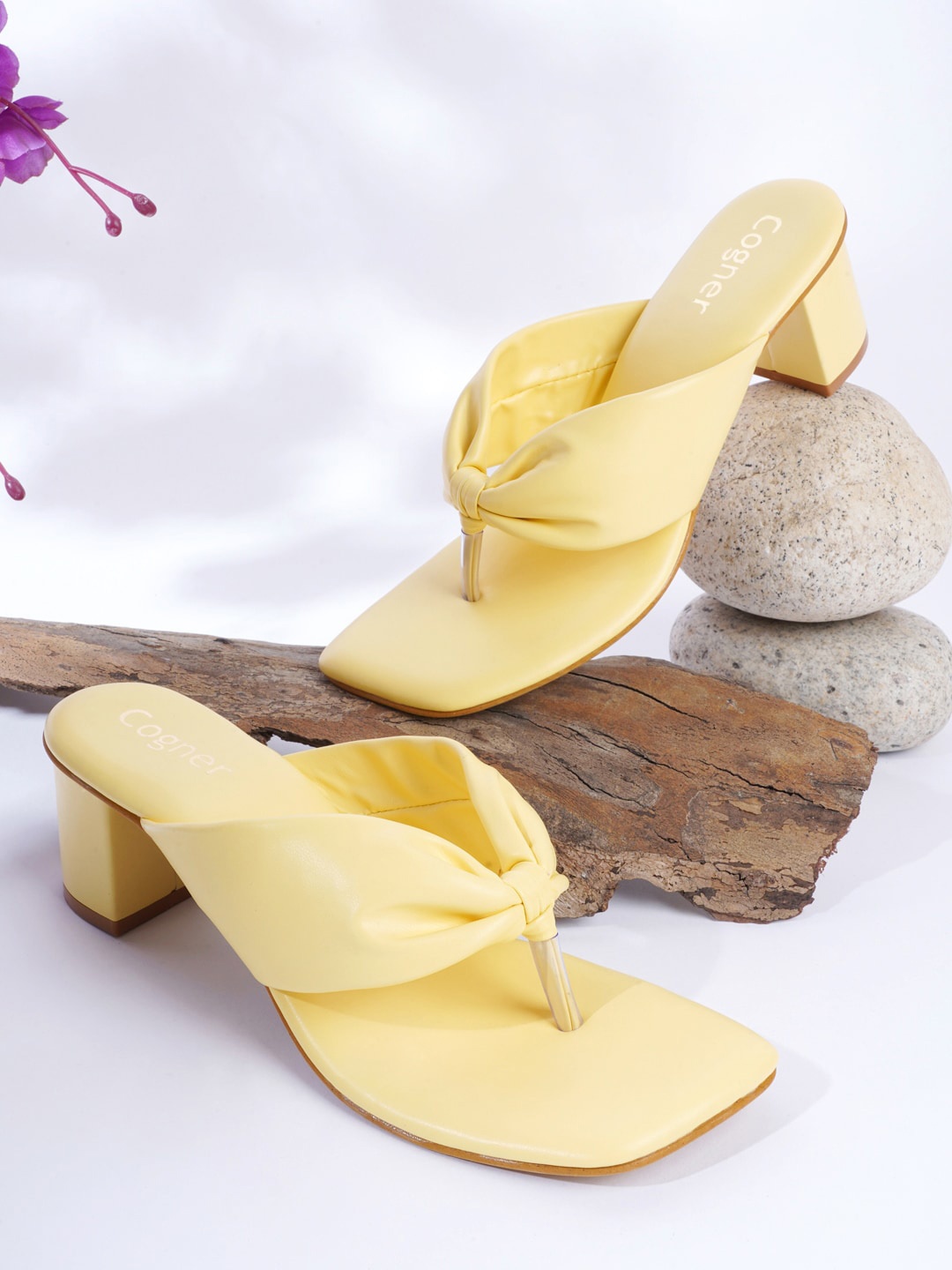 

Cogner Yellow Party Block Pumps with Bows