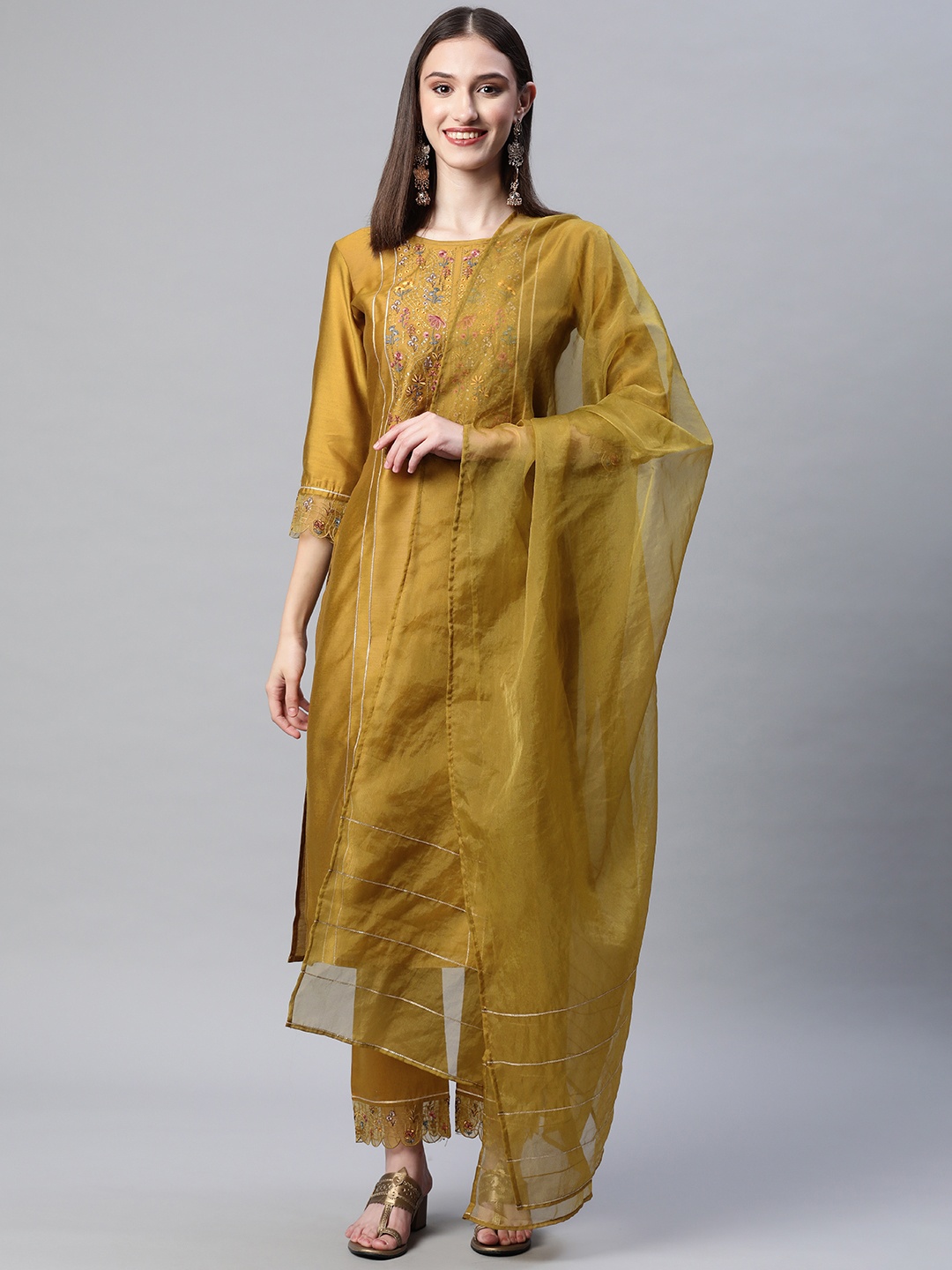 

SheWill Women Olive Green Ethnic Motifs Embroidered Sequinned Kurta with Trousers & With Dupatta