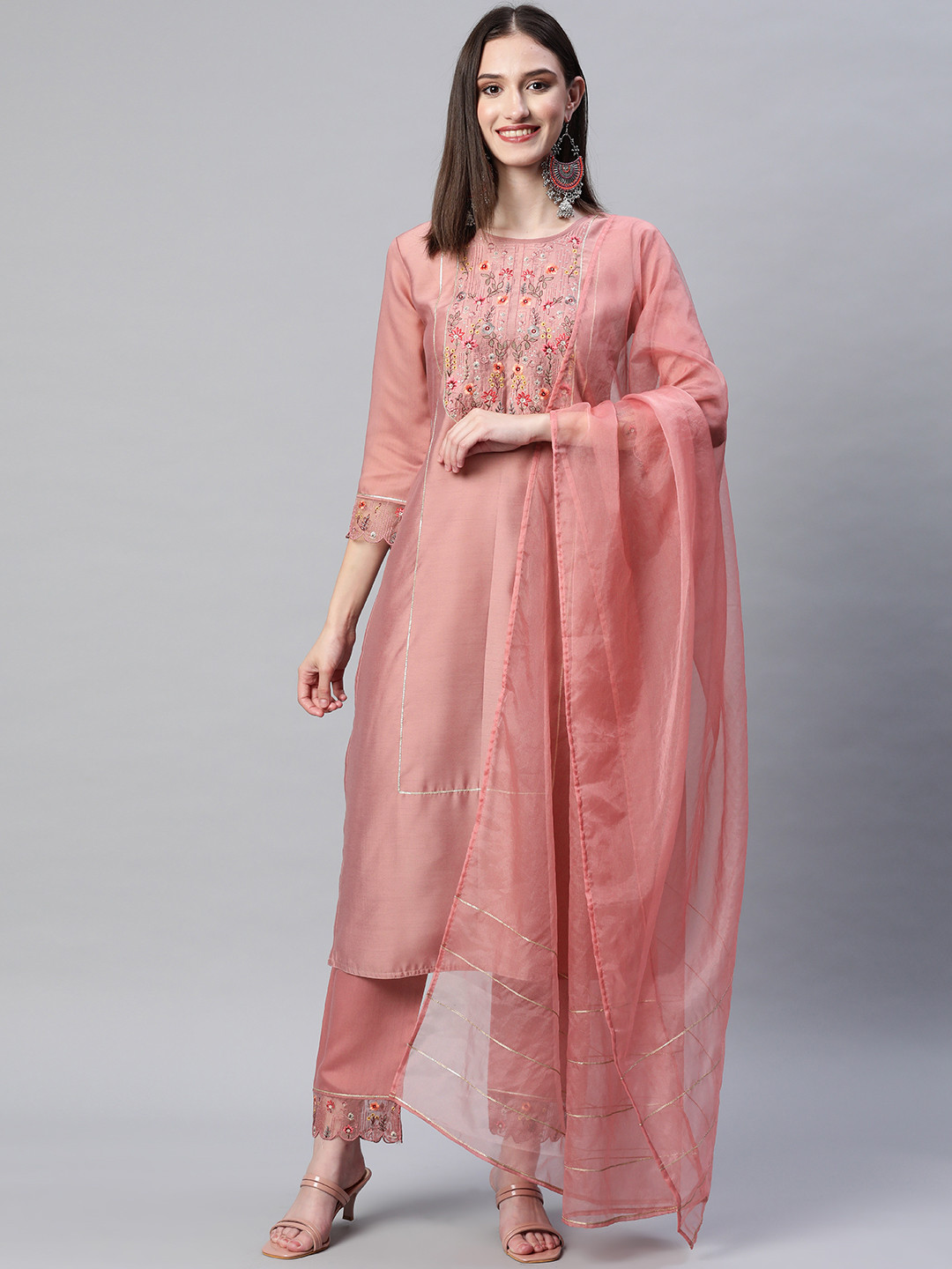 

SheWill Women Peach-Coloured Ethnic Motifs Embroidered Sequinned Kurta with Trousers & With Dupatta