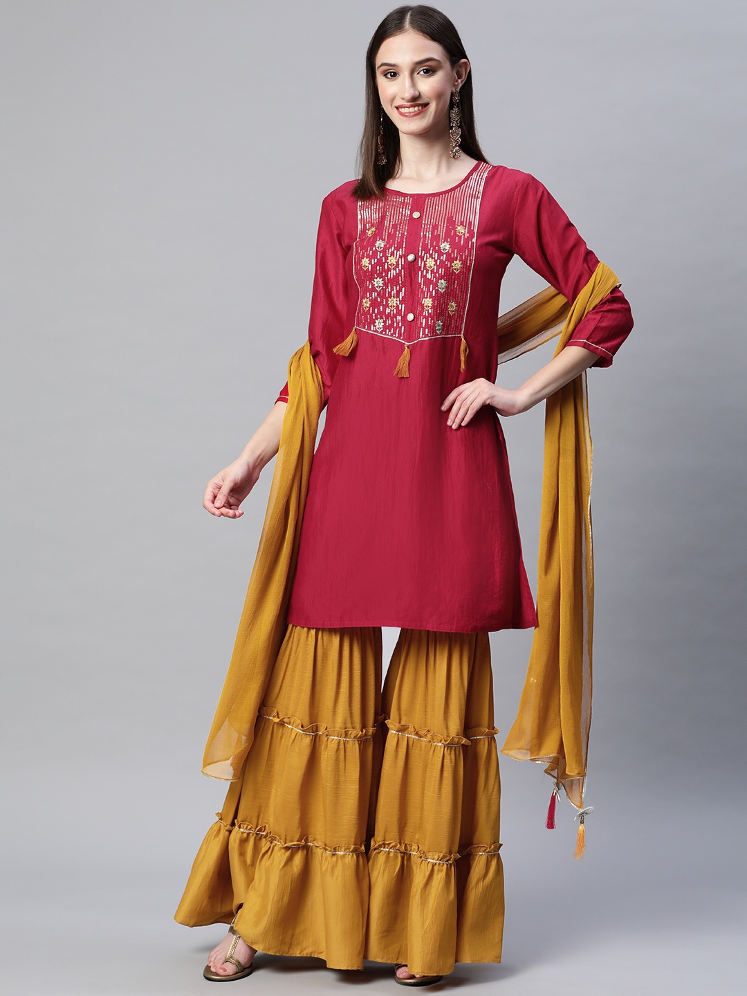 

SheWill Women Red Ethnic Motifs Embroidered Sequinned Kurta with Sharara & With Dupatta