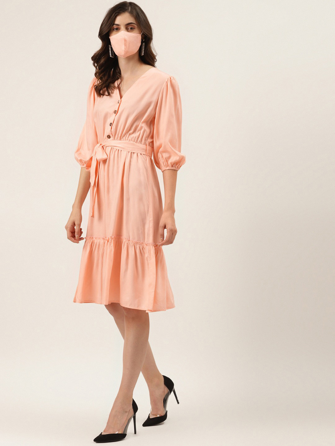 

DressBerry Peach-Coloured & chintz rose A-Line Dress