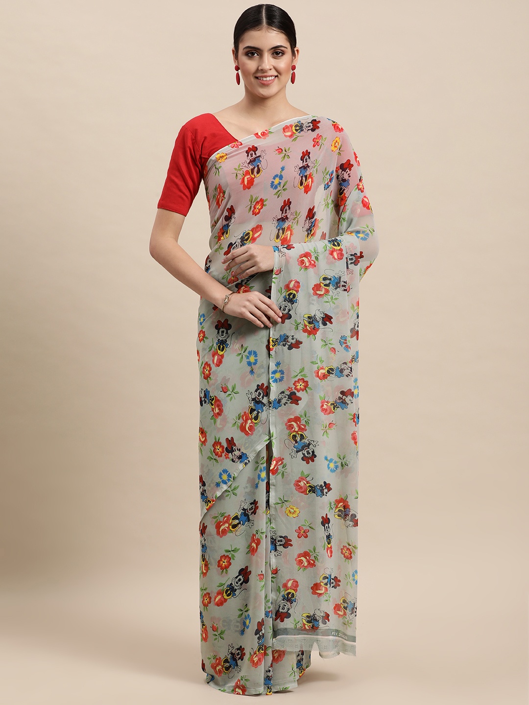 

KALINI Grey & Red Floral Print Pure Georgette Saree