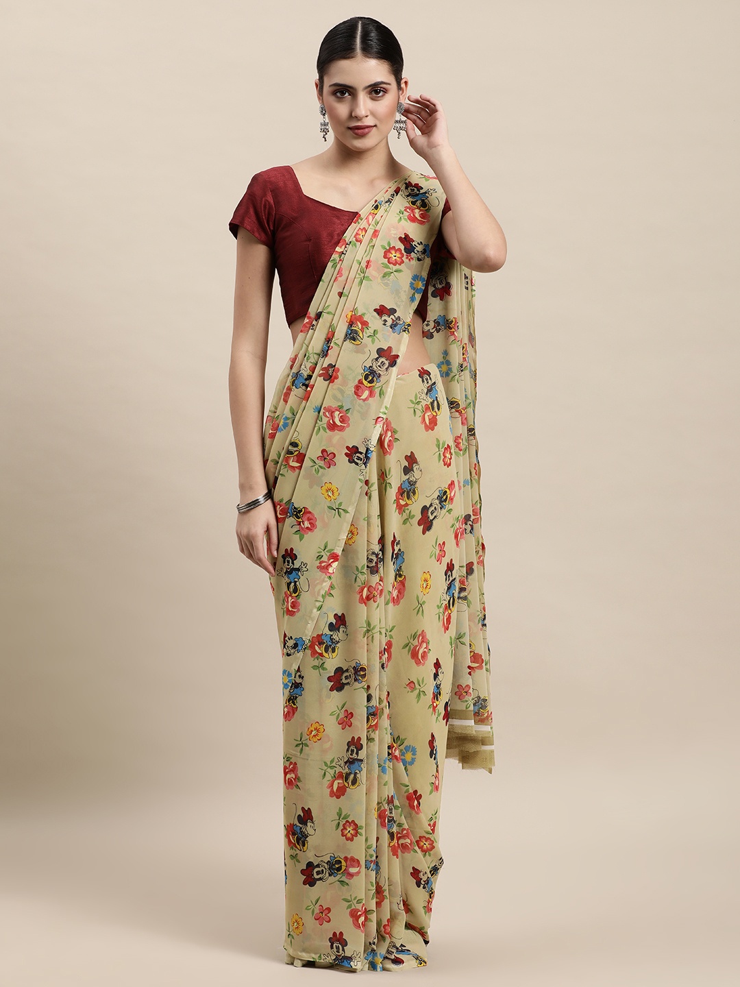 KALINI Beige Floral Print Pure Georgette Saree