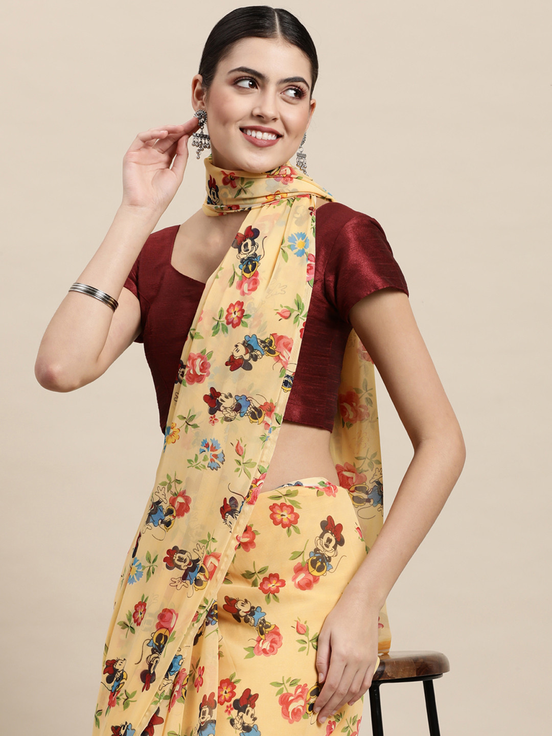 

KALINI Yellow Floral Print Pure Georgette Saree
