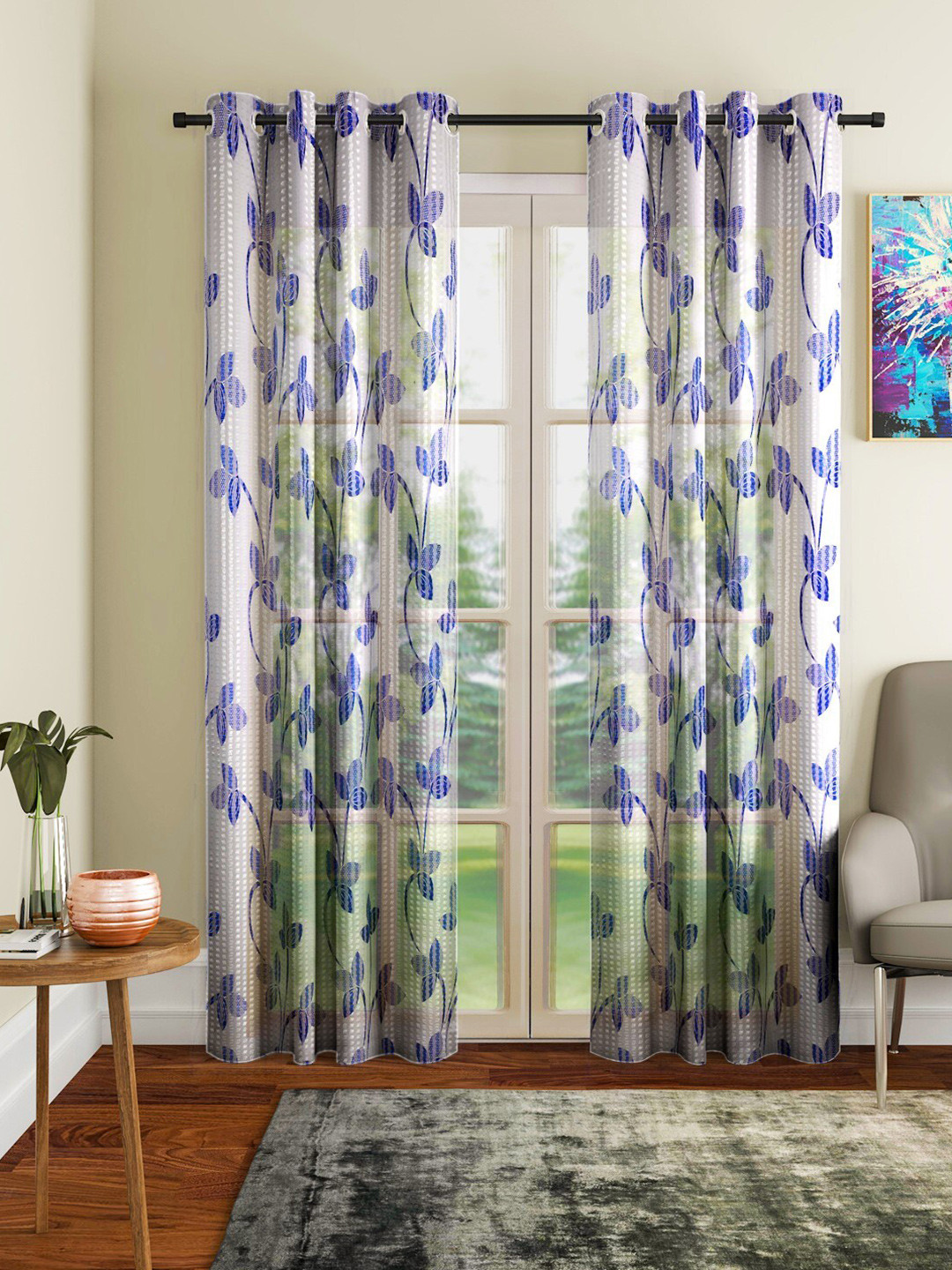 

Home Sizzler Blue & White Set of 2 Floral Sheer Window Curtain